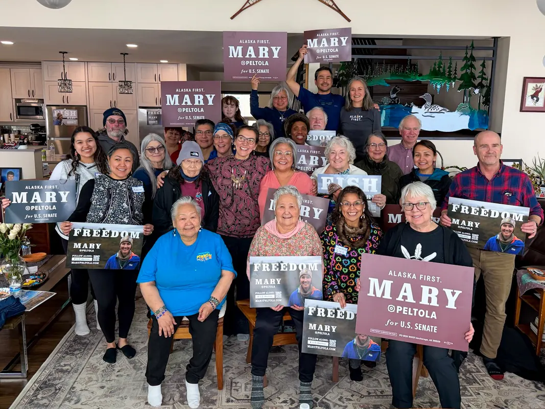 Mary Peltola with supporters holding Mary signs in Bethel.