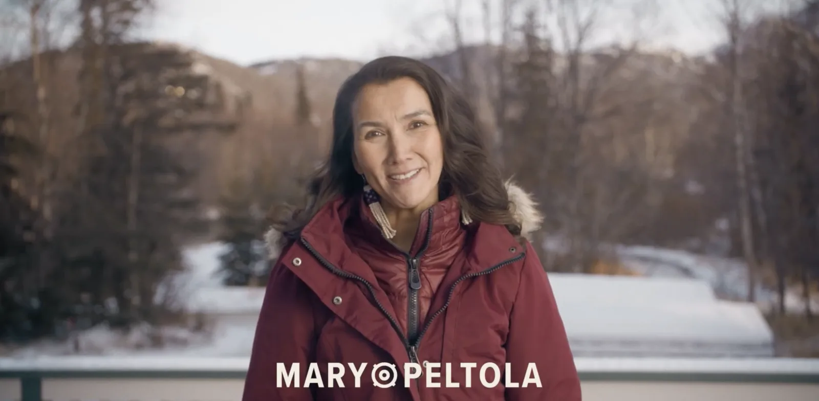 Mary Peltola’s launch video: Mary in a winter forest.