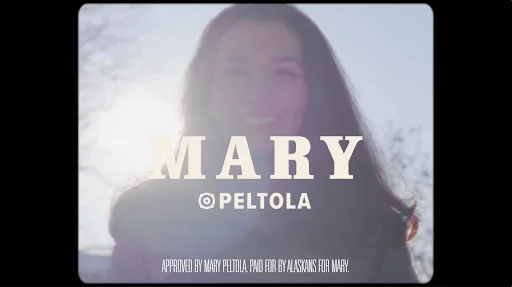 The closing frame of the ad “We Stick Together”: the Mary Peltola logo over Mary’s portrait.