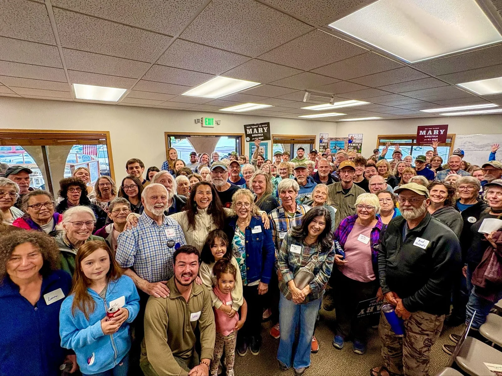Mary Peltola with a crowd of supporters at the field office in the Kenai.