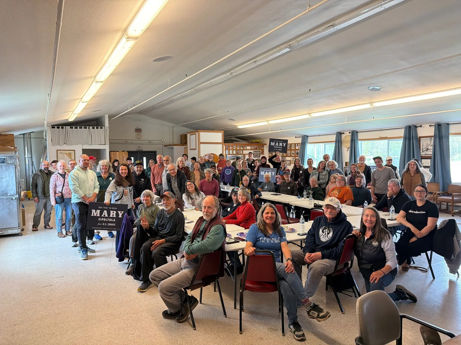 Mary Peltola with a room of supporters in Haines.