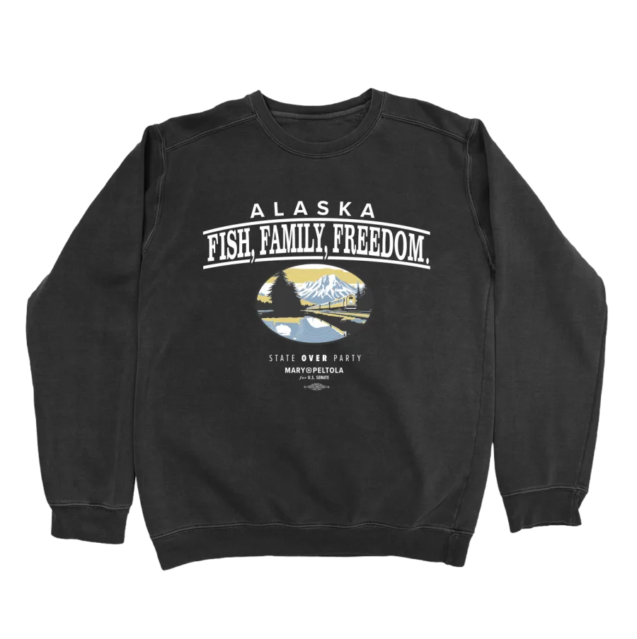 The charcoal Fish, Family, Freedom crewneck sweatshirt.